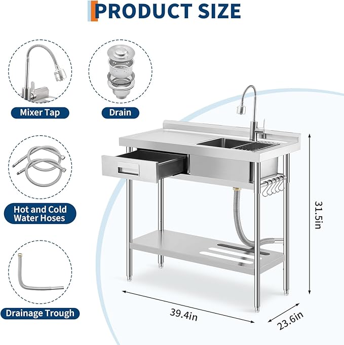 Freestanding Stainless Steel Utility Sink with Workbench, Left Drawer,39" Commercial Kitchen Sink with Faucet, Hot & Cold Water, Storage Shelf, S-Hook,Knife Holder, Adjustable Leg for Indoor Outdoor