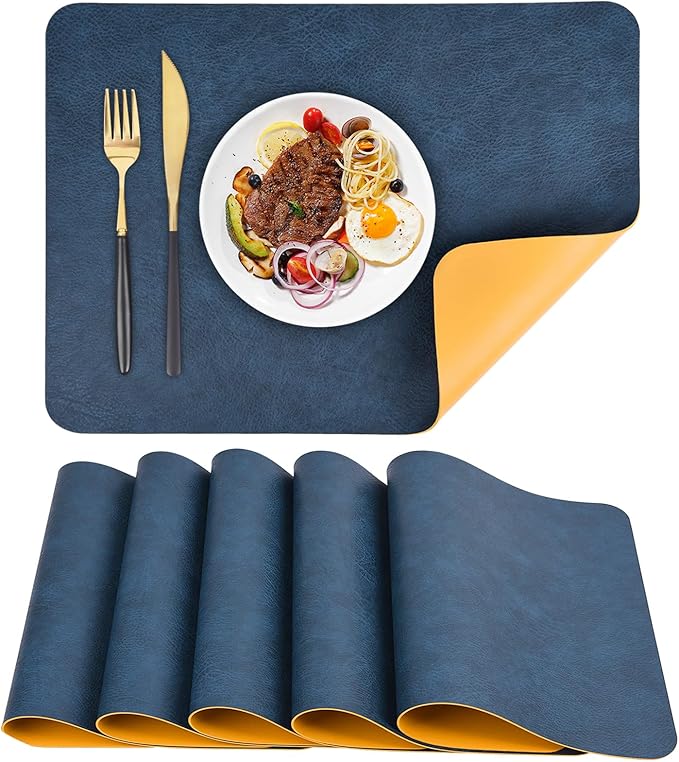 Faux Leather Placemats Set of 6 Table Mats Heat Resistant Reversible Place Mats, Waterproof Wipeable Dining Table Placemats for Home Party Outdoor, 15.8 x 11.8 inches (Blue/Yellow)