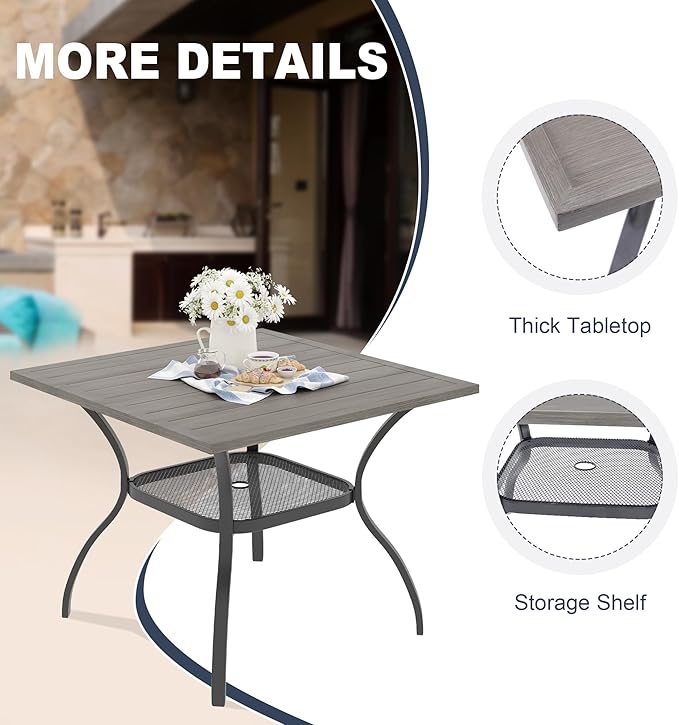 VICLLAX Patio Dining Table for 4 Square Metal Outdoor Table with Umbrella Hole and Storage Shelf for Garden Lawn Balcony Deck, Grey