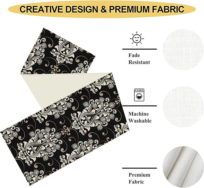 Goth Table Runner, Antique Gothic Damask Pattern Baroque Style Black Floral Flower Exotic Coffee Vintage Table Center Decor for Kitchen and Dining Outdoor Country Party Table Decorations, 13"x90"