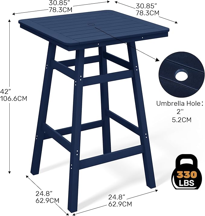 Costaelm Outdoor Bar Table, 42" Counter Height Square Patio Cocktail Bar Table with Umbrella Hole, Patio Bistro Dining Pub Table for Front Porch Deck Backyard Garden, Navy Blue