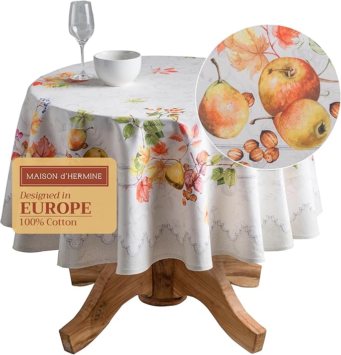Maison d' Hermine Table Cloth Round Table 100% Cotton 63 Inches Fall Tablecloth Reusable Everyday Use for Thanksgiving Christmas Decorations Dining Farmhouse Party (Fruit D'Hiver)