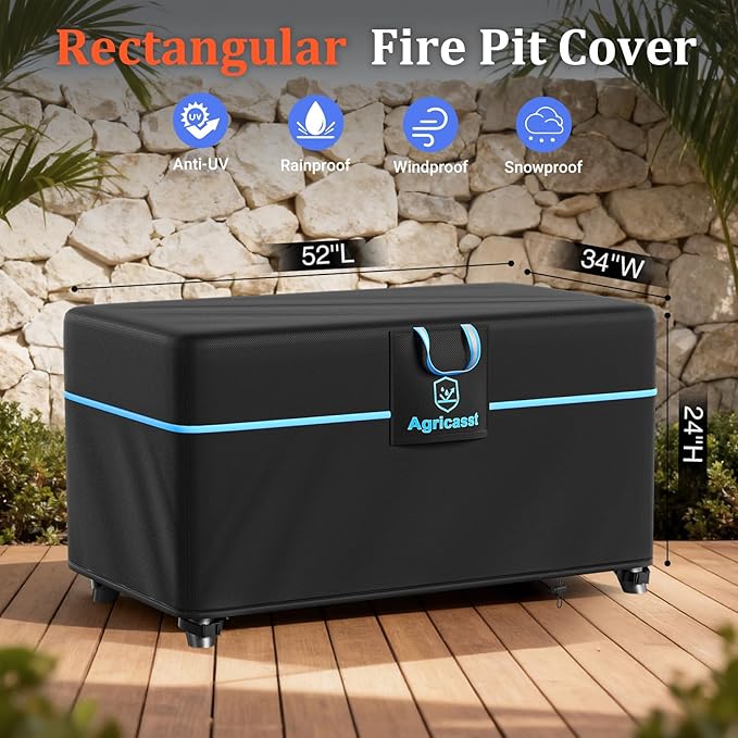 Fire Pit Cover Rectangular 52 Inch for 49''- 52'' Fire Pit, 600D Heavy Duty Firepit Cover Waterproof Fire Table Cover with Air Vent, 4 Windproof Buckles, Drawstring - 52''L x 34''W x 24''H