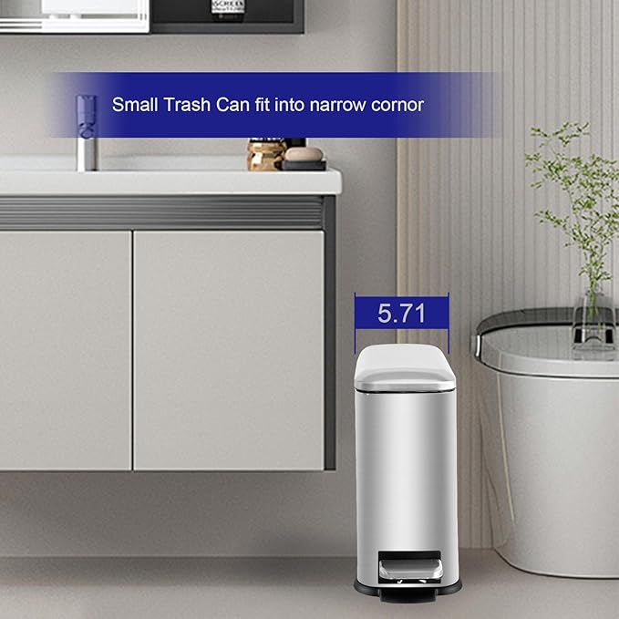Bathroom Trash Can，5L/1.3 Gallon Trash Can with Removable Liner Bucket, Foot Pedal, Stainless Steel Small Garbage can with Lid for Bathroom,Bedroom,Home Office,Silver
