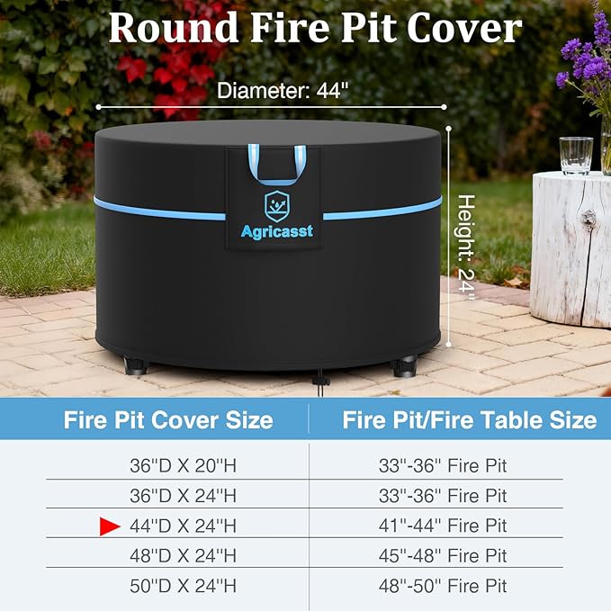 Round Fire Pit Cover for 41''- 44'' Fire Pit, 600D Heavy Duty Outdoor Firepit Cover Waterproof Patio Fire Table Cover with Air Vent, Handle, 4 Windproof Buckles, Drawstring - 44"Dia x 24"H