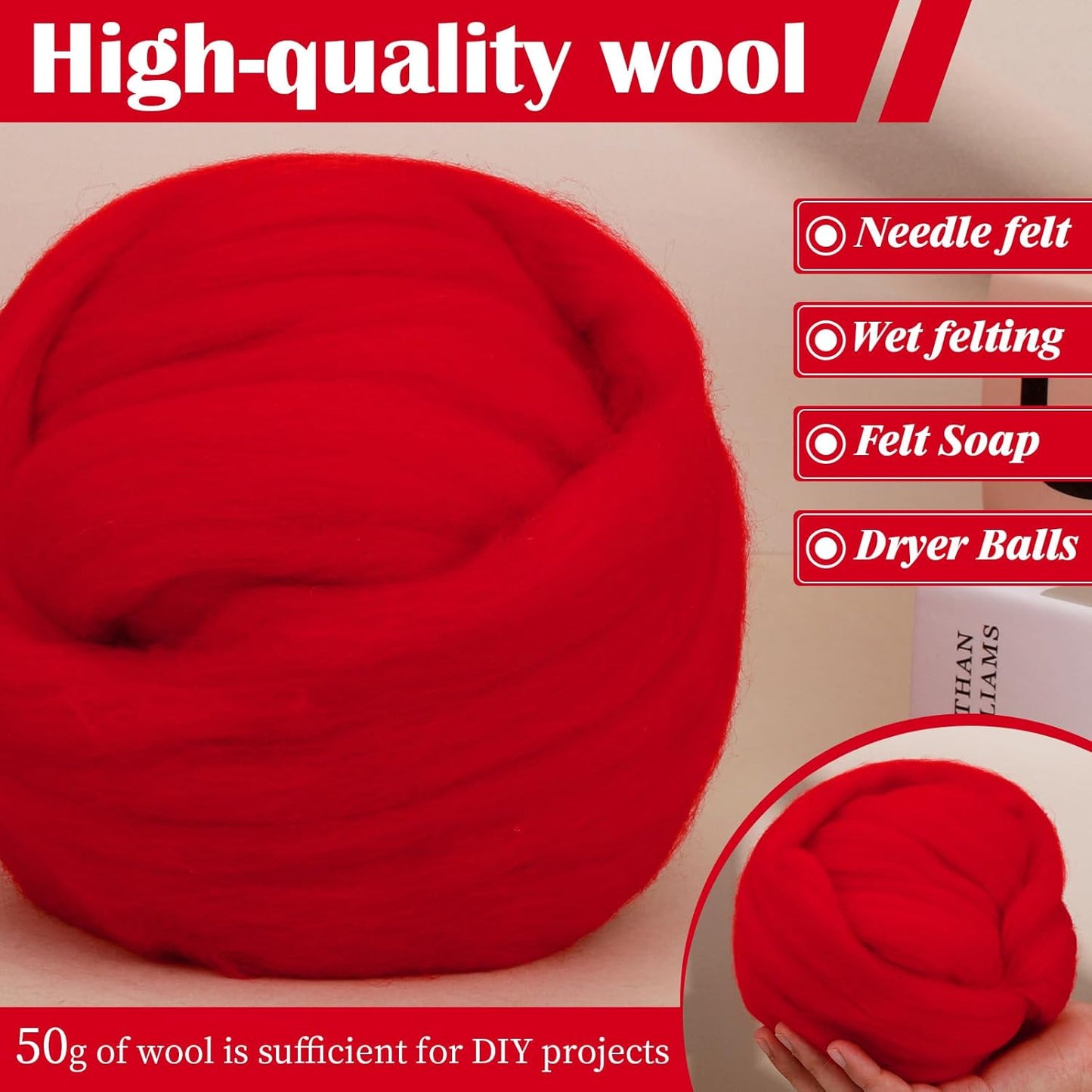 Mayboos Wool Roving Yarn, 1.76oz Colored Natural Wool Roving,Wool Felting Supplies Pure Wool Chunky Yarn for Wet Felting handcrafts and Spinning (Red Color)