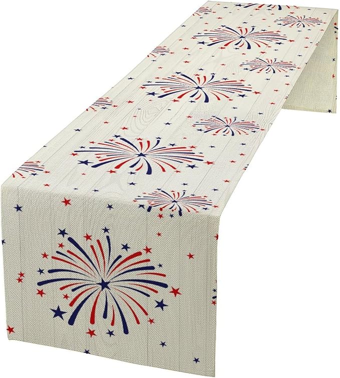 Fireworks Table Runner, 4th of July Patriotic Memorial Day American Independence Day Table Runner for Holiday Kitchen Dining Holiday 13x60in