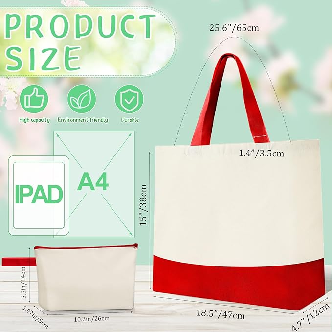 Sanwuta 24 Pcs Canvas Tote Bags Bulk with Zipper Cosmetic Bags 18.5" Cotton Canvas Bag with Handles Reusable Shopping Bags