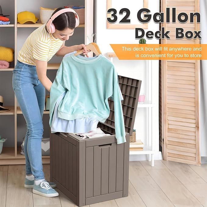 32 * 2 Gallon Outdoor storage deck Box Waterproof ，garden tool,backyard cushion,poolside toy storage,Smalldelivery boxes for outside,Two Boxes/set (Wood-like Striped Gray