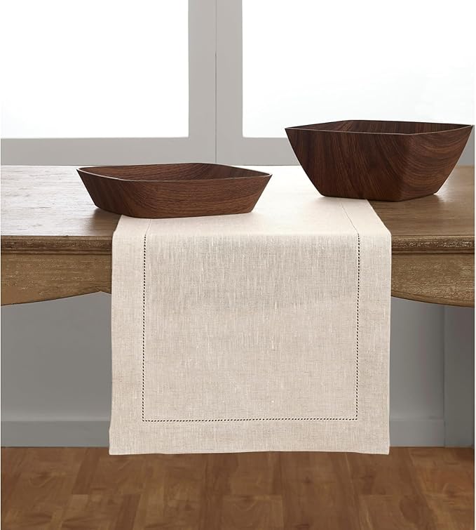 Solino Home Linen Light Natural Table Runner 90 Inches Long - 100% Pure Linen 16 x 90 Inch Table Runner for Spring, Easter - Classic Hemstitch