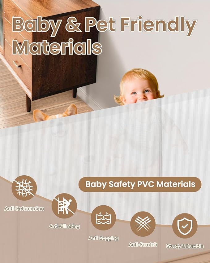 Upgraded Retractable Baby Gate - 71" Wide 34" Tall Mesh Child Safety Gate with High-Density Reinforced Rods, Easy One-Hand Operation Retractable Dog Gate, Fits Baseboards, White