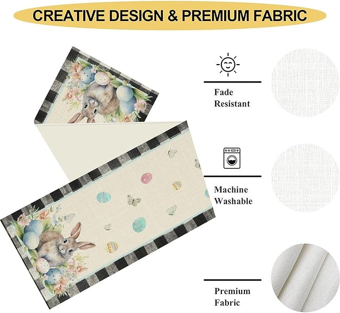 Easter Table Runner,Vinatge Black Plaid Rabbit Easter Eggs Butterflies Floral Spring Table Center Decor for Family Kitchen and Living Room Outdoor Farmhouse Party Table Decorations, 13"x36"