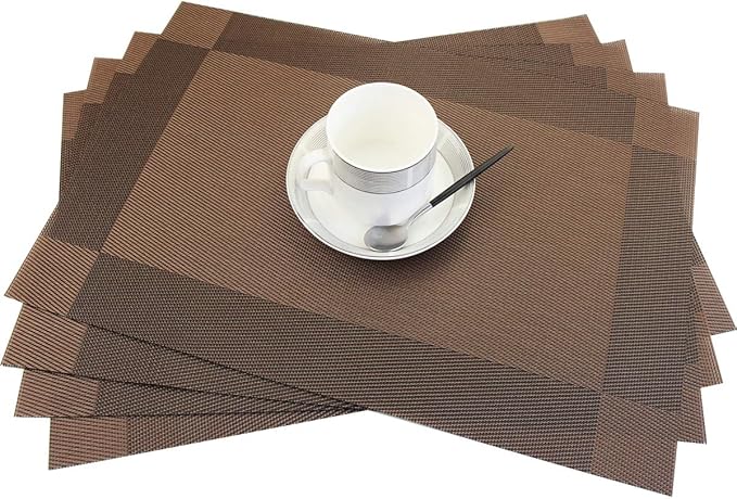PIGCHCY Place Mats Heat-Resistant Non Slip Placemats Washable Easy to Clean Woven Vinyl Placemats for Dining Table (Set of 4, Brown)