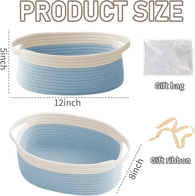 Woven Basket,Small Rope Storage Bin with Handles & Ribbon Bag, Organizer for Shelves Closets,Gift Basket Empty for Birthday,Books,Dog Toys, White&Blue/3 Pack