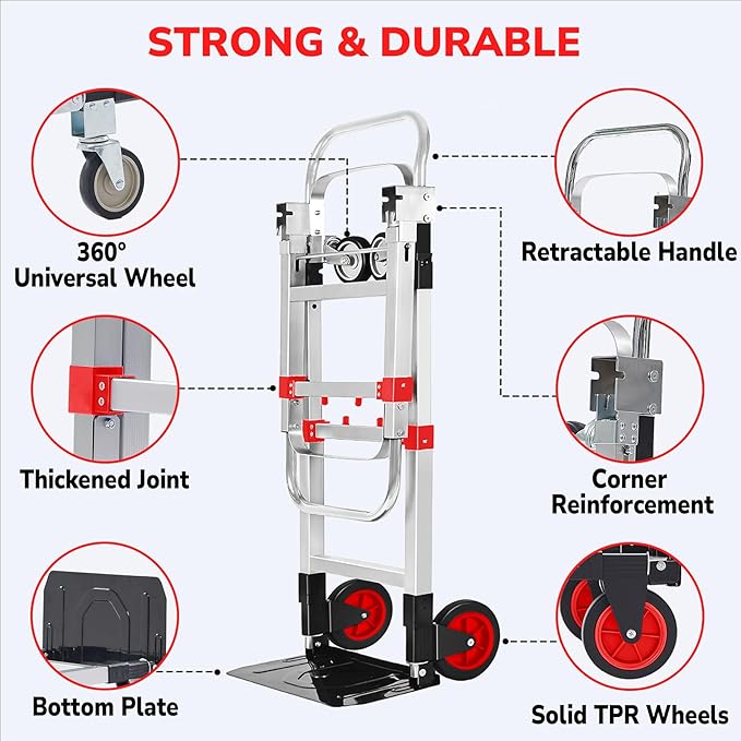 Upgraded 3 in 1 Aluminum Folding Hand Truck, 600lbs Capacity, Heavy Duty Convertible Dolly with Retractable Handle and 4 Rubber Wheels, Collapsible Cart for Moving Home, Office, Warehouse (Red)