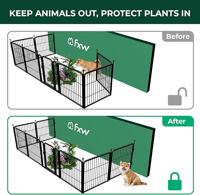 FXW Garden Fence Outdoor for The Yard – 24in(H) x 15.2ft(L) Heavy Duty Metal Animal Barrier for Dog and Rabbit, Decorative Dog Fence with Fence-to-Wall Anchor (Pack of 4), 8 Panels, Black