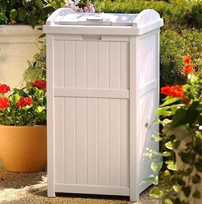 Suncast 2 Pack 33 Gallon Durable Plastic Hideaway Outdoor Garbage Can with Secure Lid and Wicker Design for Home Backyards, 1 Java Brown and 1 Taupe