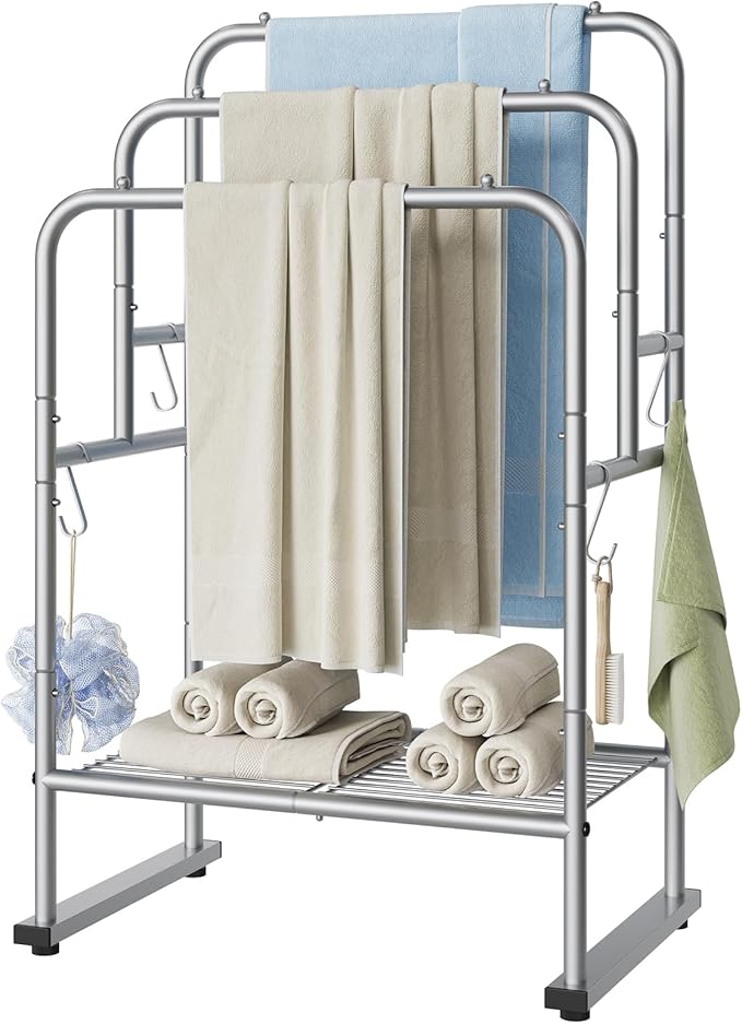 ELYKEN 40'' Tall Standing Towel Racks, 3 Tier Towel Drying Rack Outdoor, Pool Towel Stand Blanket Holder with Shelf & 4 Removable Hooks, Metal Freestanding Towel Racks for Bathroom, Smooth Silver