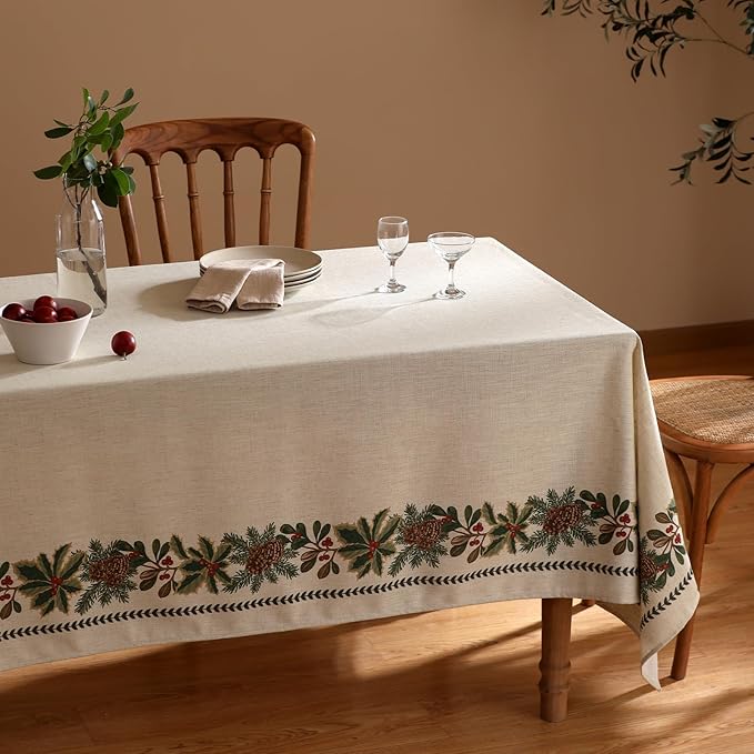 ISAENNE Designer Christmas Linen Extra Long Rectangle Tablecloth,Light Beige Western Table Cloth,Wrinkle Resistant Decor Tablecloths for Dining Thanksgiving Kitchen Christmas,67"*118"-Carol G