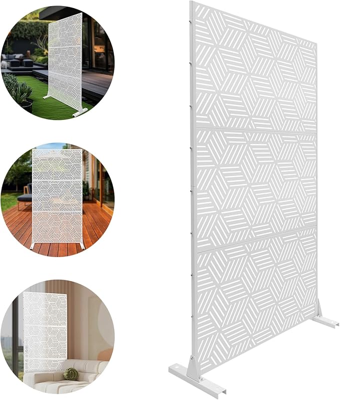 Outdoor Privacy Screen Freestanding, 36" W x 71.5" H Outdoor Decorative Screen Backyard Privacy Fence for Patio Garden Balcony Porch, White Rhombic Panels