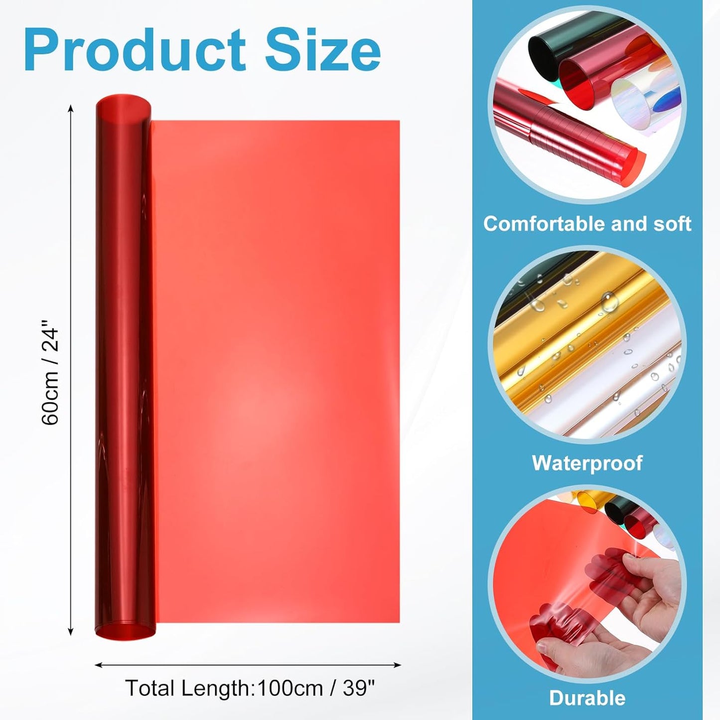 MECCANIXITY Iridescent Window Film,24" x 39" Iridescent Holographic PVC Fabric Dichroic Film Clear Vinyl Paper Roll for DIY Craft Gift Wrapping Bag Decoration, Red