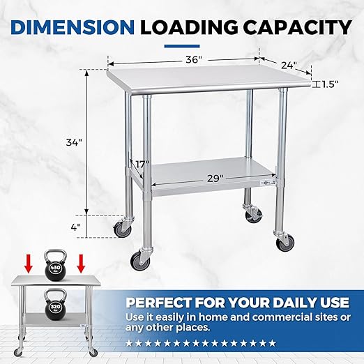 Profeeshaw Stainless Steel Table with Wheels, 24x36 Inch - NSF Commercial Kitchen Prep & Work Table with Undershelf and Galvanized Legs for Restaurant, Bar, Utility Room and Garage - Heavy Duty