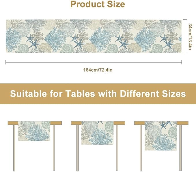 Blue Teal Coral Table Runners, Summer Beach Starfish Coastal Coffee Table Runners for Wedding Party Banquet Dining Holiday 13x108in