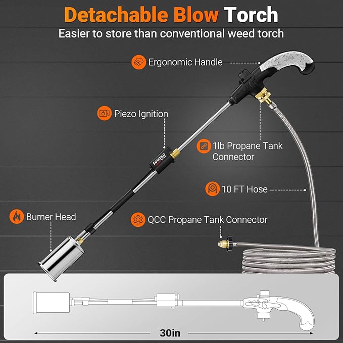 Sondiko Propane Torch Weed Burner with 10 FT Hose, High Output Weed Torch Flamethrower, 30" Detachable Long Arm Heavy Duty Blow Torch with Flame Control(PROPANE TANK NOT INCLUDED)