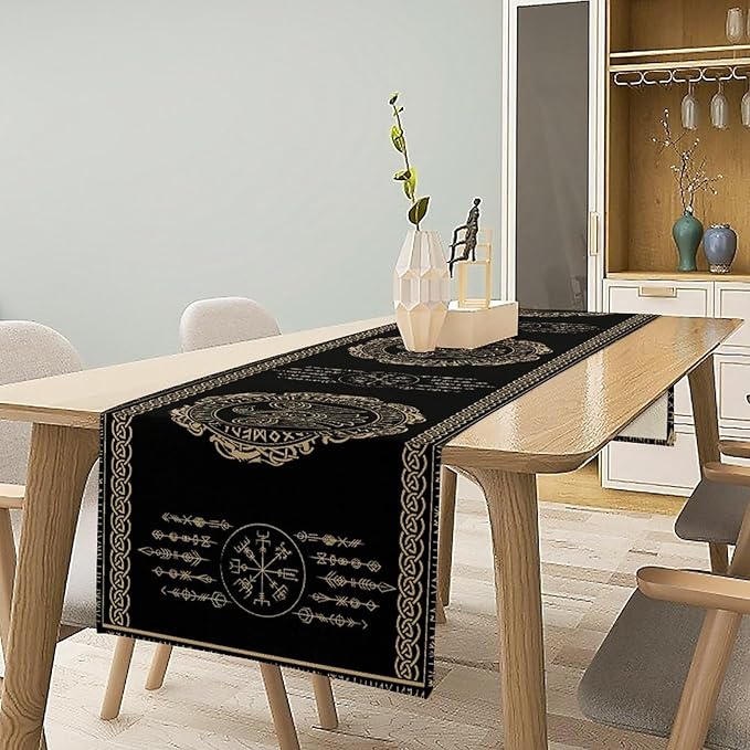 Nordic Vikings Table Runner, Viking Raven Rune Mythology Aesthetic Table Runner for Outdoor Kitchen Dining Home Party 13x108in