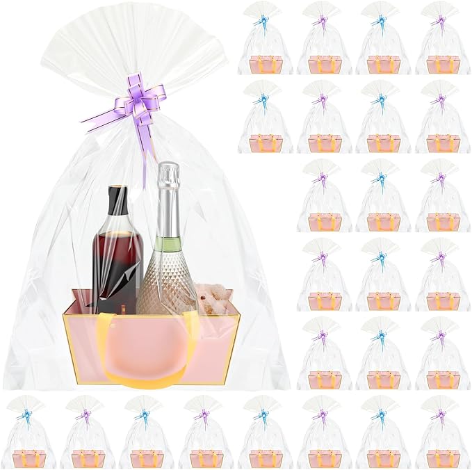 Tuanse 30 Pcs Basket for Gift Empty DIY Bulk Gift Basket Kit with Handle Kraft Cardboard Tray with 30 Bag 30 Bow Market Tray for Wedding Party(Pink,9.8 x 6.7 x 4.3 in)