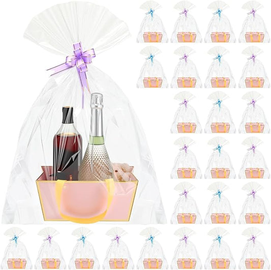 Tuanse 30 Pcs Basket for Gift Empty DIY Bulk Gift Basket Kit with Handle Kraft Cardboard Tray with 30 Bag 30 Bow Market Tray for Wedding Party(Pink,9.8 x 6.7 x 4.3 in)