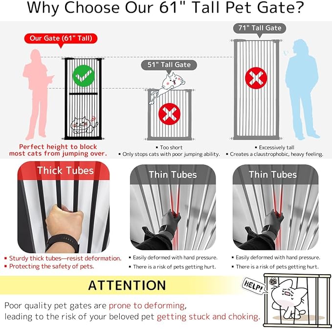 Lumizone Extra Tall Cat Gate 61.02" High Pressure Mounted Extra Wide 59.25"-63.38" (17Sizes) 1.37" Gap No Drilling Auto-Close Tall Pet Gate for Dogs (Black, 59.25"-63.38" W)