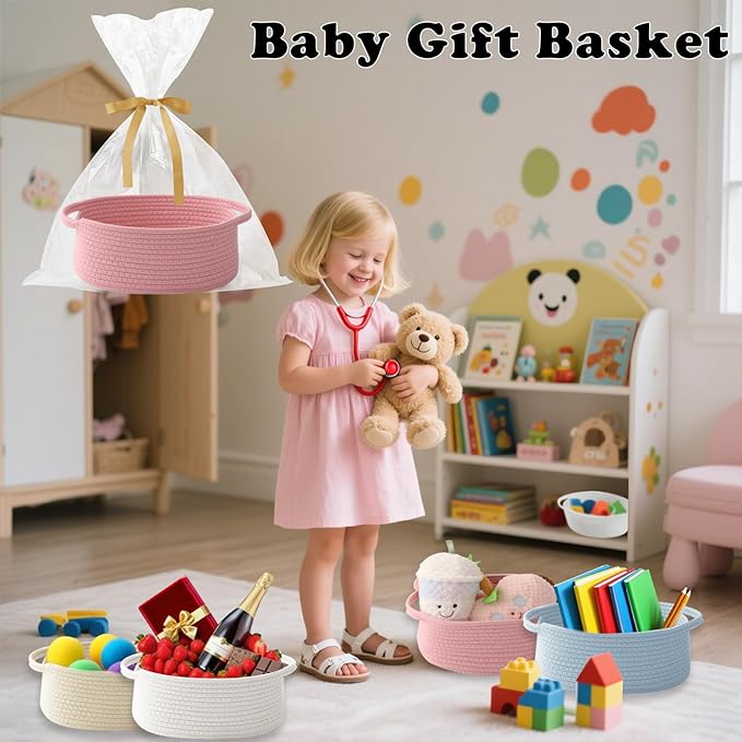 Gift Basket with Gift Bag and Ribbons,Small Rope Woven Shelf Storage,Baskets for Gifts Empty,Birthday,Baby Shower,Decorative Organizer Box with Handles(Pink)