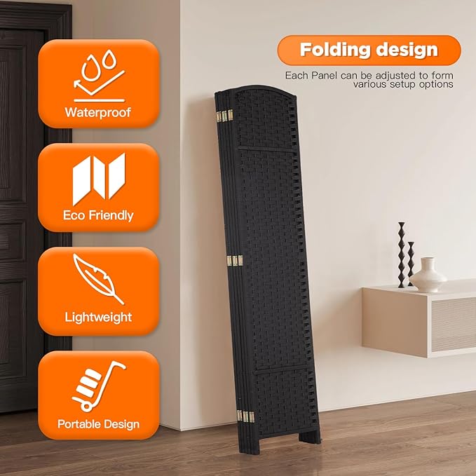 Room Divider 8 Panel Screen 5.6 Ft Tall Partition Room Dividers Black Privacy Screens Folding Room Separation Free Standing Waterproof Wood Frame Wall Divider