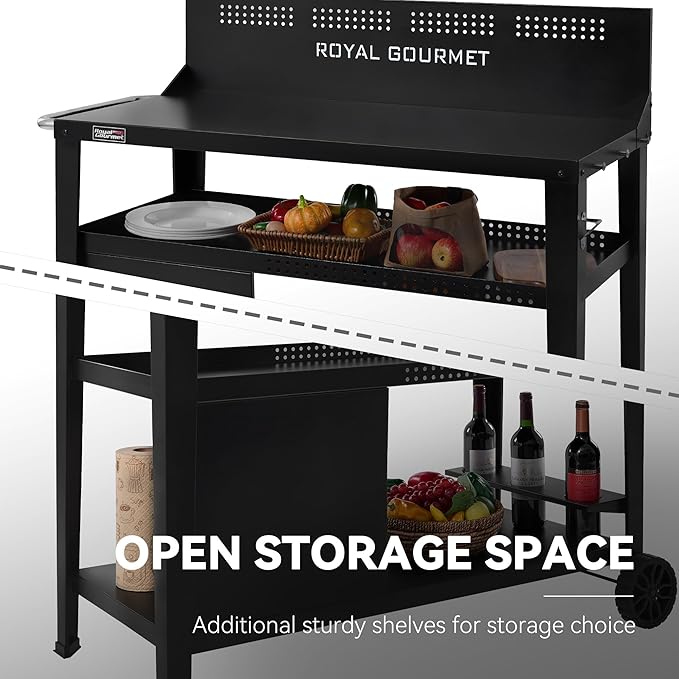 Royal Gourmet PC4401B 3-Tier Dining Cart with Wind Guard, Sturdy Structure and Ample Storage Shelves, for Indoor & Outdoor use，with Bottle Opener, Hooks, Wine Rack, Multifunctional Side Handle, Black