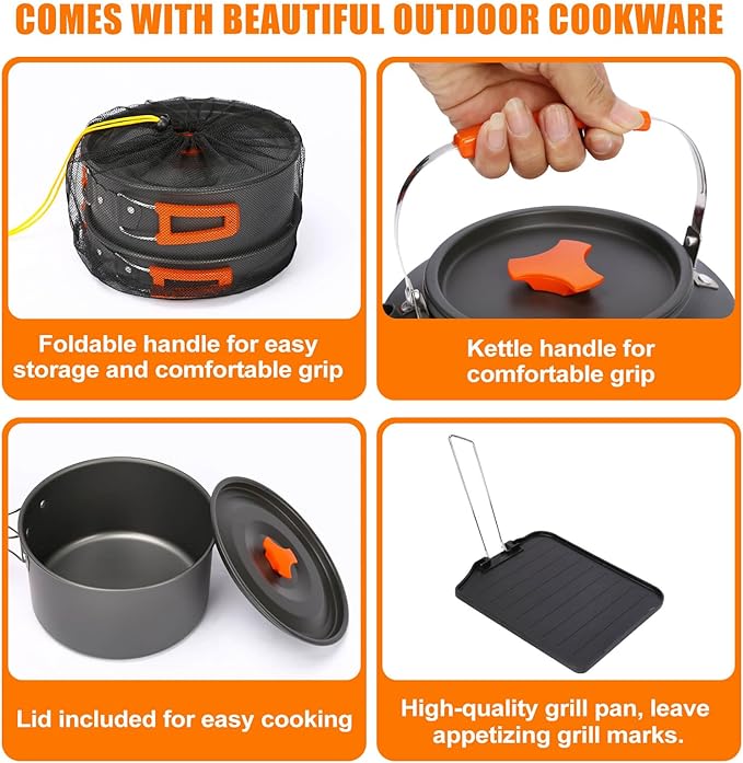 Hisencn Camping Stove,2 Burner Propane Stove,20000 BTU/h Camping Cooking set Includes Frying Pan,Kettle and Pot,Adjustable Burners & Piezo Ignition,Portable stove for camping Outdoor,Black