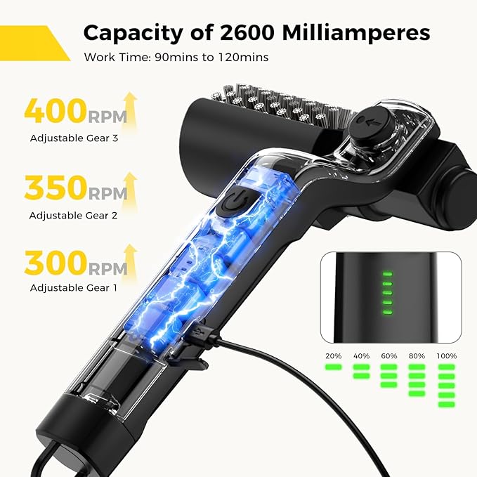 Electric Rotary Grill Brush for Outdoor Grill, 3-Speed Power Control, 304 Stainless Steel BBQ Grill Brush with No Bristle Shedding, 90 Mins Extended Runtime Grill Cleaning Brush (Black)