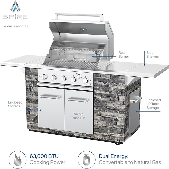 SPIRE Premium 5 Burner Built In Gas Grill Island Head, Stainless Steel 30" Barbeque Grill with Rear Burner, 63,000 BTUs, 758 SQ In Racks, Propane Grill with Dual Fuel Compatibility (Gray) – 860-0032A