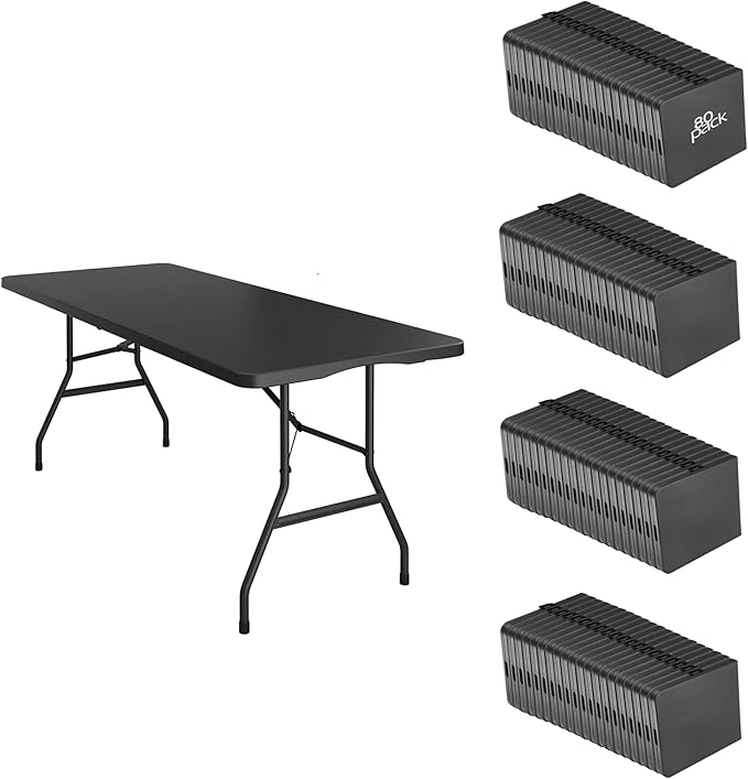 80 Pack of 6 Foot Foldable Table with Built in Handle & Steel Legs ,Heavy Duty Portable ,Perfect for Party, Dining, Wedding, Events, Picnic Indoor, Outdoor, Camping, Utility, Folding(Black-80pac)