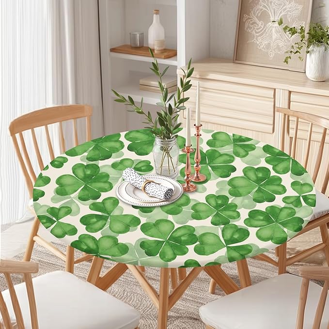 St Patricks Day Round Fitted Tablecloth with Elastic Spring Green Watercolor Shamrock Circle Table Cloth for 40-44" Tables Waterproof Washable Clover Leaf Floral Table Cover for Outdoor Picnic Dining