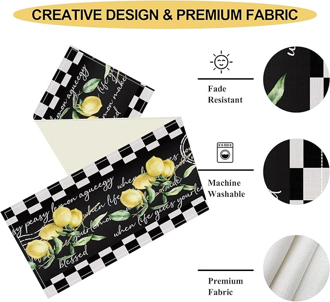 Lemon Table Runner, Farmhouse Black Buffalo Plaid Seasonal Summer Spring Fruits Rustic Coffee Table Center Decor for Home Kitchen Dining Party Patio Indoor Outdoor Table Decorations, 13"x108" Inch