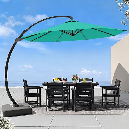 7 Piece Patio Dining Set with 11ft Patio Umbrella (Teal), 7 Black Outdoor HDPE Dining Set with 6 Chairs + 1 Large Table, for Market, Pool, Garden, Backyard, Deck