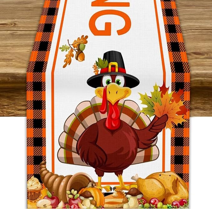 Happy Thanksgiving Table Runner, Autumn Pumpkin Maple Leaves Turkey Print Fall Harvest Holiday Kitchen Dining Table Decor for Indoor Outdoor Party, 13x108inch