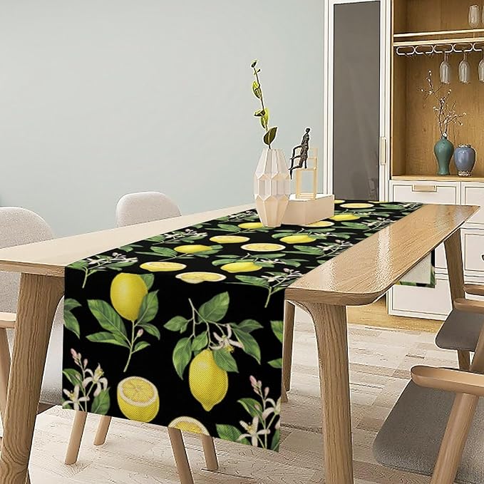 Watercolor Lemon Table Runner, Spring Summer Seasonal Green Leaves Flowers Yellow Fruits Print Table Runner for Farmhouse Kitchen Dining Table Home Party Indoor Decor 13x120in