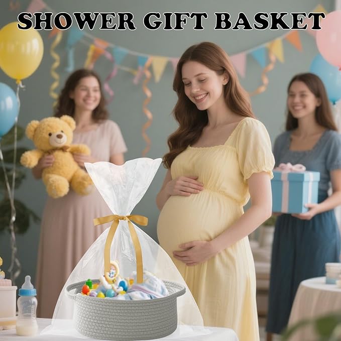 2 Pack Gift Basket with Gift Bag and Ribbons,Small Rope Woven Shelf Storage,Baskets for Gifts Empty,Birthday,Baby Shower,Decorative Organizer Box with Handles(Grey)