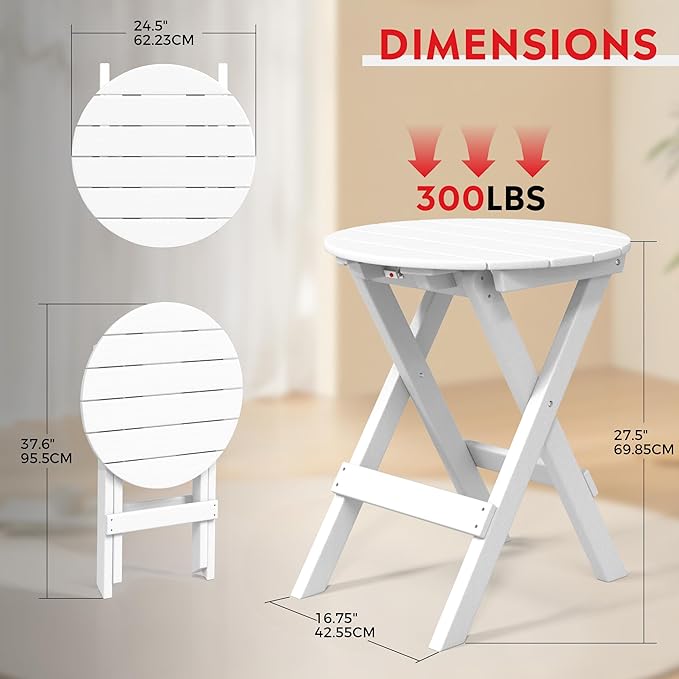 Costaelm Paradise HDPE Outdoor 24.5 Inch Round Portable Folding Patio Dining Table, White