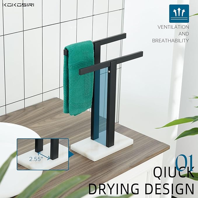 KOKOSIRI Hand Towel Bars Matte Black Towel Racks with Marble Base for Bathroom Kitchen Vanity Countertop, Stainless Steel 15.7'' Height THS0001-SM-BK