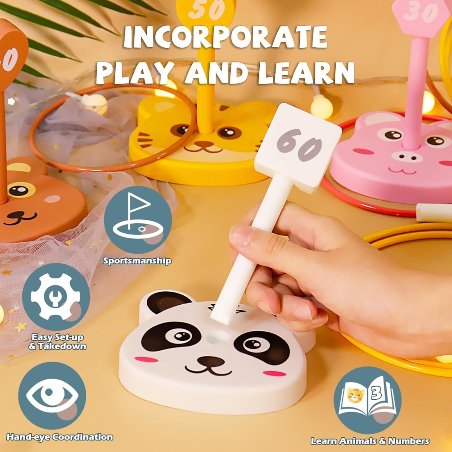 Animal Ring Toss Game Toy Set for Kids, 6 Targets Stands & 36 Rings Combo, Indoor Outdoor Party Yard Family Adults Activity, Birthday Present for Toddlers Boys Girls Child Ages 3+