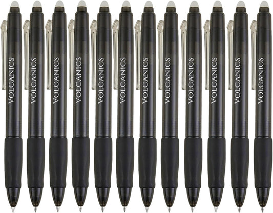 Volcanics Retractable Erasable Gel Pens Black 12 Pack, Click Erasable Gel Ink Pens for Smooth Writing & Easy Erasing, Refillable Erasable Click Pens for School Office Supplies