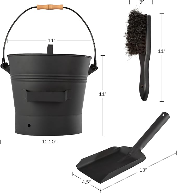 Pure Garden Ash Bucket - Metal Bucket with Lid (2.11-Gallon), Broom, and Shovel for Fireplace or Firepit Ashes - Fireplace Tools (Black) - 1 Count